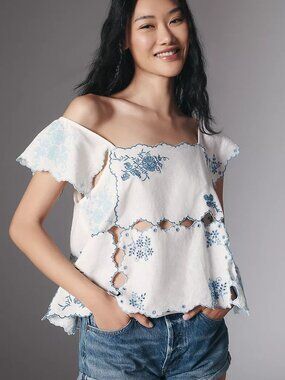 Linen Blend Flutter-Sleeve Embroidered Cutout Top
